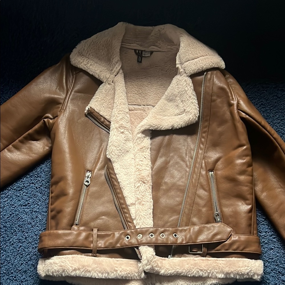 Brown Faux Leather Jacket with Shearling Lining
